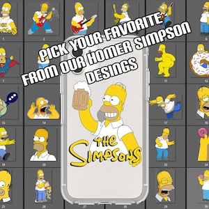 May include: A phone case with a white background and a yellow cartoon character holding a beer mug. The character is wearing a white shirt with the words "The Simpsons" printed on it. The case is surrounded by a grid of 30 different images of the Simpsons characters.