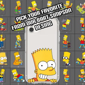Może przedstawiać: Etui na telefon z przezroczystym tyłem i kolorowym obrazkiem Bart Simpson z Simpsonów. Obrazek zawiera napis "Pick your favorite from our Bart Simpson Desing" i "Eat my Shorts".