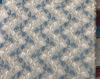 Yardage of vintage mid century design fabric. Blue and white embroidery cotton fabric , tagged and priced from original store 2 yards