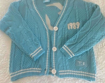 1989 Blue Taylor Folklore Star Cardigan, Star Embroidery Begins, Oversized Knitted Button Sweater