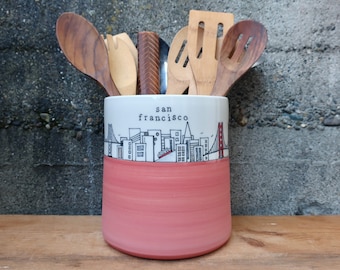 IN STOCK -- San Francisco Skyline Utensil Holder in bright salmon