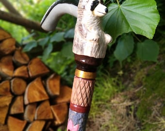 Raccoon Wooden Stick, Exclusive Fancy Cane, Classy Walking Aid, Animal Handle, Cane for Women Men.