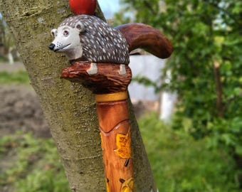 Hedgehog Wooden Cane, Eco Rustic Stick, Forest Style Canes, Animals Sticks, Carved Handle.