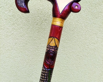 Womens Wooden Walking Cane, Wooden Cane with Roses, Wooden Walking Stick, Floral Design, Hand Carved Cane, Hiking Stick, Gift, Décor.