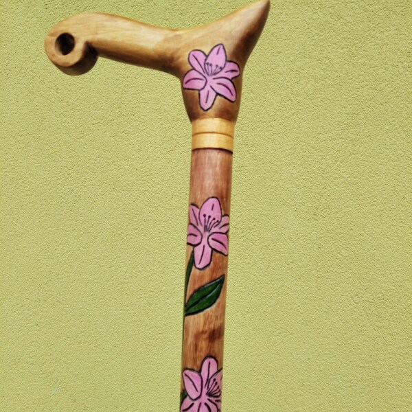 Womens Wooden Walking Cane, Wooden Cane with Pink Lilies, Walking Stick, Acrylic Painting, Floral Design, Hand Carved Cane, Gift, Décor.