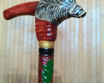 Boar Walking Cane, Style Designer Stick, Cane for Men, Carved Boar Handle, Wood Hiking Stick.