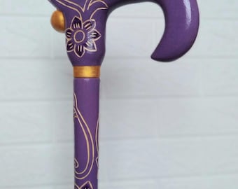 Bastón de madera violeta para mujer, bastón de madera con flores, diseño floral, bastón tallado a mano, bastón de senderismo, hecho a mano, regalo, decoración.