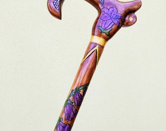 Womens Wooden Walking Cane, Wooden Cane with Bellflowers, Wooden Walking Stick, Floral Design, Hand Carved Handle, Hiking Stick, Gift Décor.