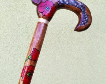 Womens Wooden Walking Cane, Wooden Cane with Poppy, Wooden Walking Stick, Floral Design, Hand Carved Handle, Hiking Stick, Gift, Décor.