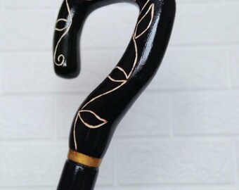 Gothic Wooden Stick, Fantasy Fancy Staff, Cane for Men Women, Hand Carved Handle, Black Hiking Stick.