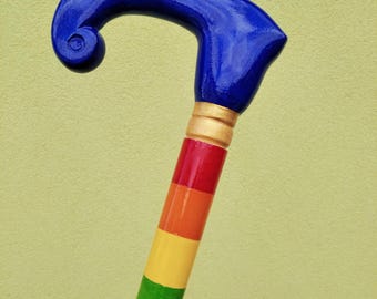 Rainbow Wooden Walking Cane, Cane for Women, Walking Stick, Multicolor Wooden Walking Cane, Hiking Stick, Hand Carved Handle, Gift, Décor.