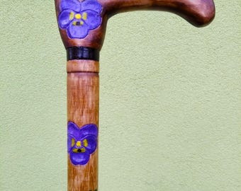 Womens Wooden Walking Cane, Walking Stick with Violets, Acrylic Painting, Floral Design, Hand Carved Cane, Hiking Stick,  Gift, Décor.