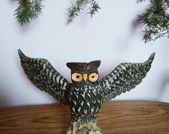 Wooden Owl Spreading Wings, Carved Wooden Owl, Souvenir, Handmade Owl Sculpture, Owl Statue, Owl Figurine, Wood Carving.