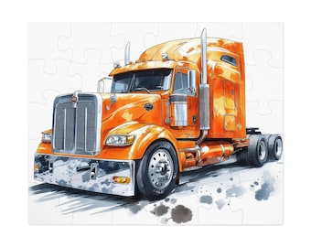 Orange Semi Truck Jigsaw Puzzle with Tin | 100 Piece Truck Puzzle