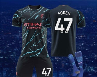 23-24 Manchester City second away soccer jersey, De Bruyne ,Foden,Haaland,Doku,children's jersey,kids set,personalized jersey