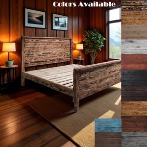 May include: A rustic wooden bed frame with a headboard and footboard. The bed frame is made of stained wood and has a slatted base. The image also shows a variety of wood stain color options. The text "Colors Available" is at the top of the image.