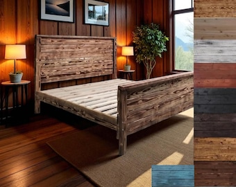 Puede incluir: Una estructura de cama rústica de madera con cabecero y piecero. La estructura de la cama está hecha de madera teñida y tiene una base de listones. La imagen también muestra una variedad de opciones de color de tinte para madera. El texto "Colors Available" está en la parte superior de la imagen.