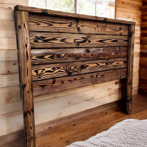 King/Queen/Full/Twin Torched Charred Shou Sugi Ban Natural Wood Stained Handcrafted Rustic Farmhouse Solid Wood Headboard Made In The USA