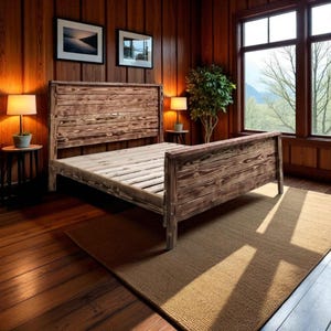 May include: A rustic wooden bed frame with a headboard and footboard made of horizontal planks. The bed is in a room with wood-paneled walls, a woven rug, and framed artwork. The room is illuminated by lamps.