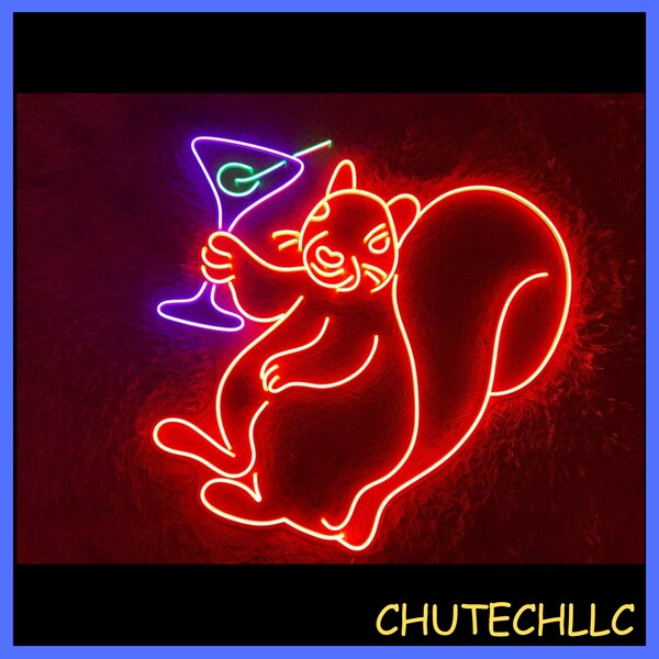 Squirrel Drinking Martini Neon Sign, Squirrel LED Light, Cocktail Martini Neon Light, Room Wall Decor, Bar Club Neon Light, Animal Led Sign