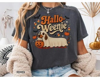 Hallo-Weenie Dachshund Ghost Dog Shirt, Funny Halloween Hoodie, Spooky Dog Lover Sweatshirt, Dog Dad Tee, Dog Mom Gift, Retro Graphic Shirt