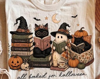 all booked for halloween Black Cat Shirt, Gothic Cottagecore Sweatshirt, Witchy Ghost Hoodie, Spooky Halloween Tee, Dark Aesthetic Gift
