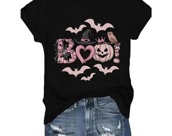 Pink Gothic Boo T-Shirt, Halloween Cartoon Graphic Tee, Funny Witchy Sweatshirt, Spooky Season Hoodie, Comfort Colors Fall Top
