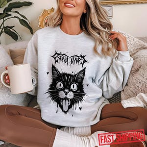 Retro Fake Band Merch Cat T-shirt, Black Metal Crust Punk Sweatshirt, Pastel Goth Grunge Hoodie, Vintage Alt Aesthetic Shirt