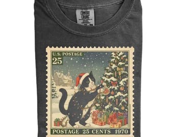 Tuxedo Cat Christmas Vintage T-Shirt, Tuxedo Cat Stamp Hoodie, Holiday Cat Sweatshirt, Cat Lover, Gift for Cat Mom, Women's Christmas Gift