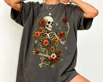 Skeleton Flower Skull T-Shirt, Gothic Boho Hoodie, Dark Aesthetic Sweatshirt, Vintage Grunge Tee, Gift For Goth Lover