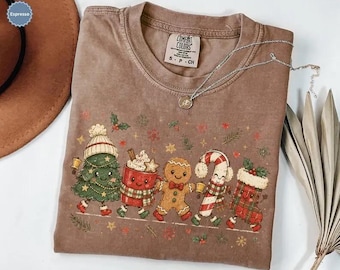 Walking Christmas Tree Mug T-Shirt, Retro Holiday Apparel, Funny Gingerbread Sweatshirt, Festive Gift Tee