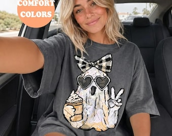Comfort Colors Ghost Sunglasses Bow Tie Coffee Shirt, Retro Halloween Ghost Hoodie, Spooky Season Sweatshirt, Fall Aesthetic Tee