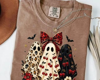 Three Ghosts Halloween Shirt, Gothic Boho Witchy Hoodie, Leopard Cherry Bats Sweatshirt, Spooky Vibes Tee