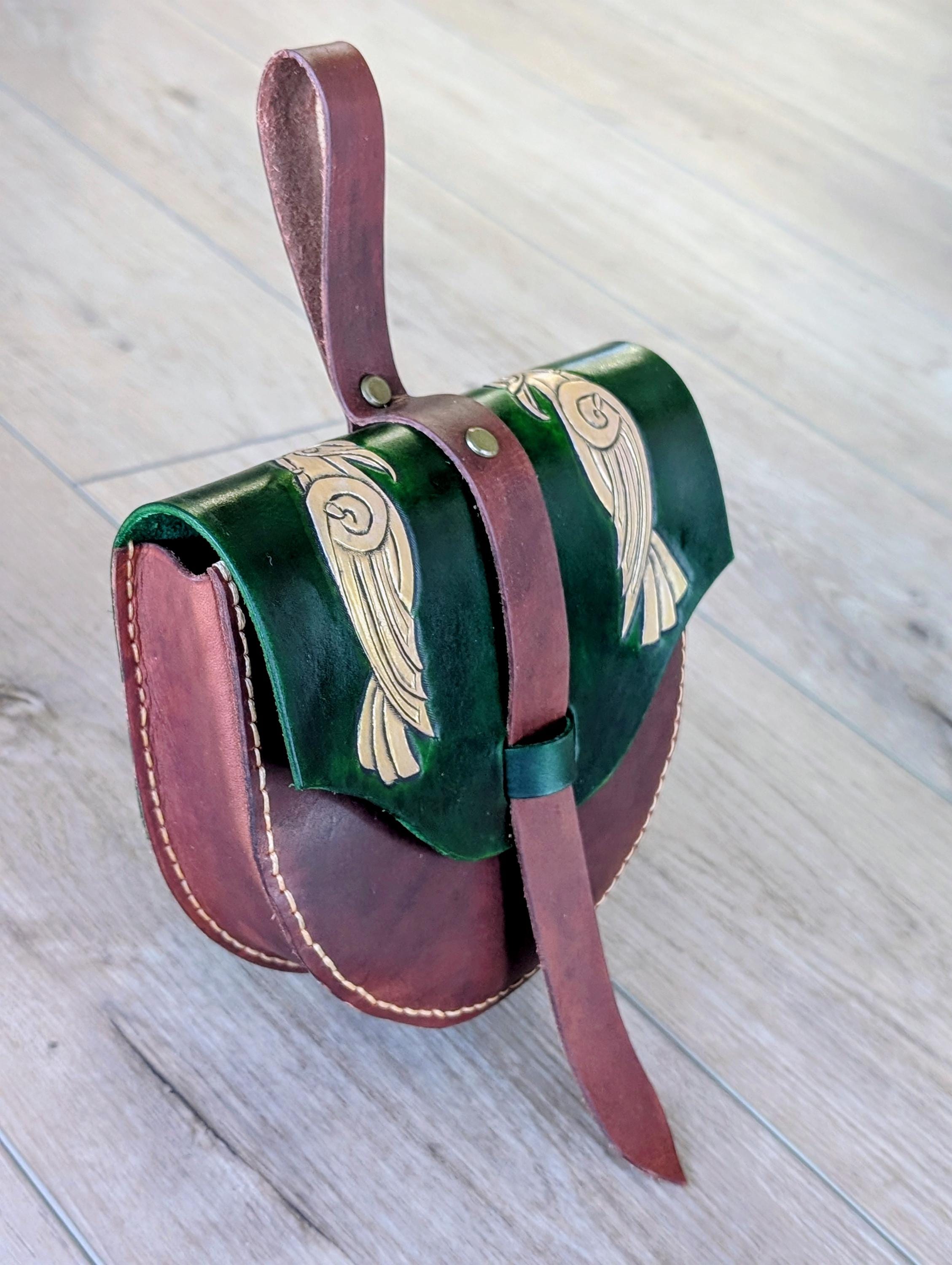 Hand Tooled Raven Leather Belt Bag: Green & Gold Full Grain Pouch for larp, renfaire, or cosplay