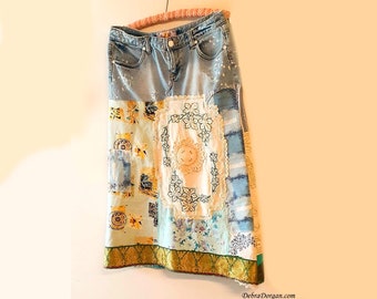 The Blues Recycled Denim A-Line Patchwork Skirt, Casual, Vintage Cotton, Tattered