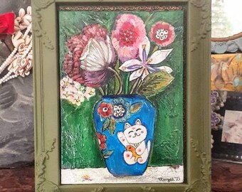 Lucky Cat Vase, Original Painting, Mixed Media, Joy, Bohemian, Art, Exotic Flowers, Cheery, Rustic, Wall Art, Cottage Decor, Japanese