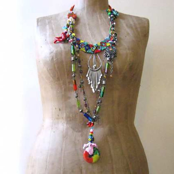 Nomadic Groove Necklace, Tribal, Beaded, Long, Shell, Coral,  Metal, Fused Glass, Boho Jewelry