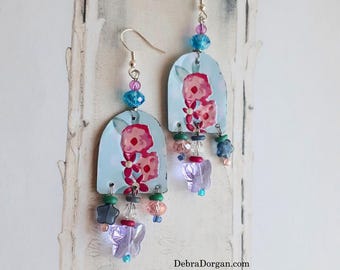 Tin Flower & Crystal Butterfly Earrings