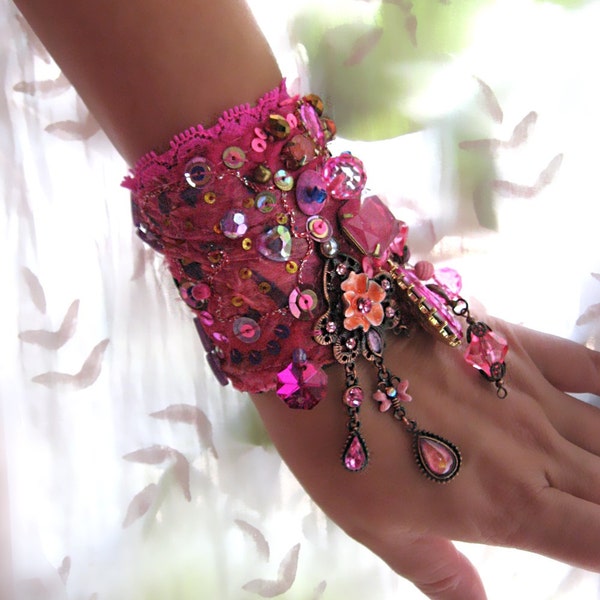 RESERVED for Gina. Bougainvillea Bracelet, Hot Pinks, Candy, Crystal, Sparkle, Boho Bracelet, Gypsy, Vintage Silk