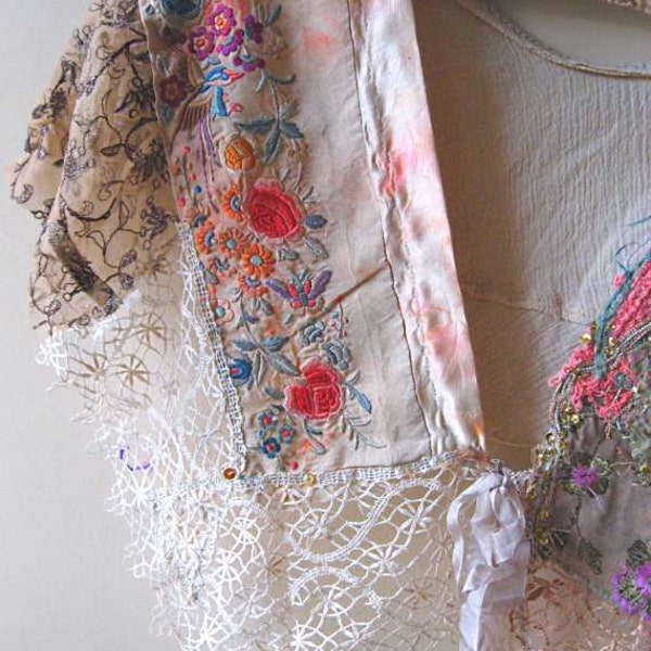 RESERVED Part Payment - 1920's Style Capelet, Antique Silk Embroidery, Peach, Pink,Cream, Antique Lace, Flapper, Bohemian