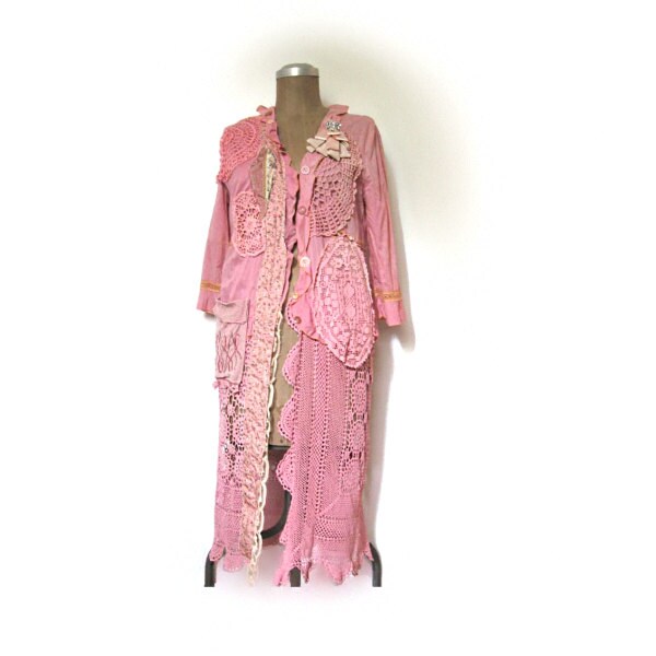 RESERVED for Heather. SALE 80 OFF - Pink Hazy Day Jacket, Long, Cotton, Vintage Lace, Doily, Hand Dyed, Pretty, Blush, Casual, Bohemian