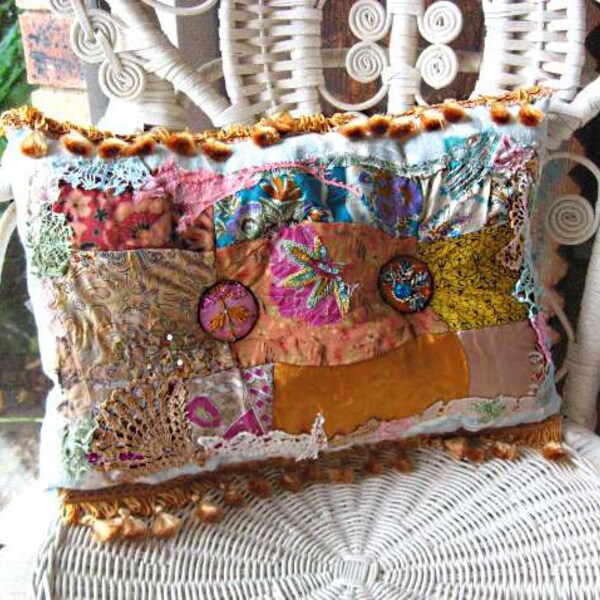 RESERVED. Part Payment. Boho Creek Chic Pillow, Silk Patchwork, Beaded Buttons, Bohemian, Gypsy, Home Decor, Cushion