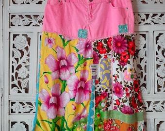 Tropical Pink Denim Recycled Skirt Size M