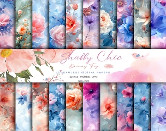 Shabby Chic Dreamy Fog,watercolor Flowers,20 Seamless Pattern Wallpaper,hd quality,Watercolor art,Watercolor