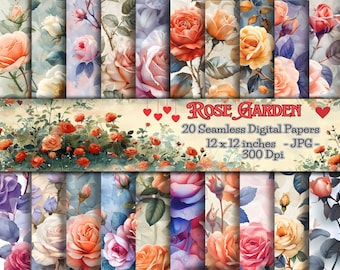 Digitale Tapete Rosen Garten, Aquarell Blumenmuster - 20 verschiedene Rosen, Aquarell Kunst, Wasserfarbe, HD Qualität