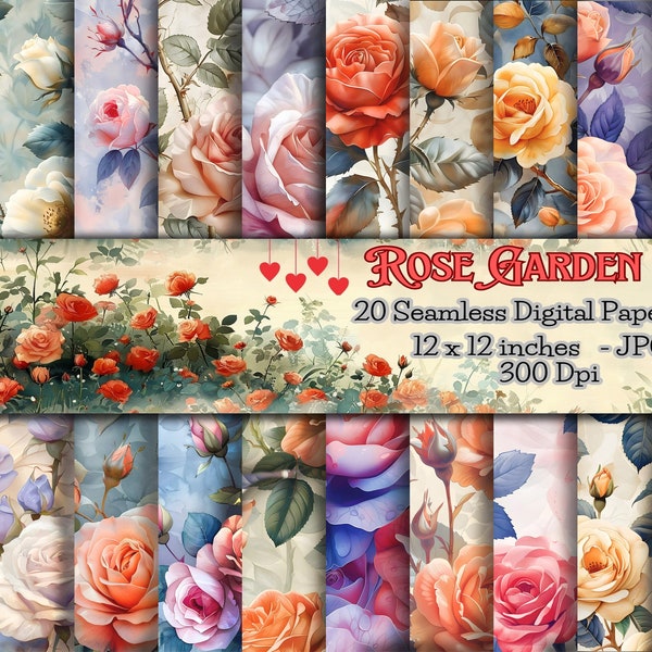 Rose Garden,Digital Wallpaper,Seamless pattern, Watercolor,flower garden- 20 different Rose,watercolor art,watercolor,HD Quality,