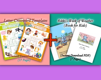 Letter Crossword Templates for Kids (17 Pages)+Rikki's Week of Weather Book for Kids (7 Pages) Instant Download PDF Printable.