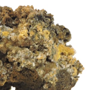 May include: A raw mineral specimen featuring a porous, uneven texture with a color palette of earthy brown, dark olive green, and patches of bright mustard yellow. The surface is covered in small, granular crystalline clusters and deposits.