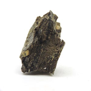 May include: A raw, dark brown mineral specimen with a rough, fibrous, and layered texture. The stone features jagged edges and small, embedded translucent crystalline inclusions that catch the light, displaying a natural, unpolished appearance.