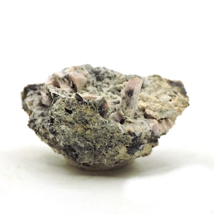 Pode incluir: Um espécime mineral bruto com uma matriz rugosa e texturizada de pedra cinzento-escura e castanho-esverdeada. Incrustadas na superfície irregular estão várias estruturas cristalinas alongadas cor-de-rosa pálido com um aspeto liso e ligeiramente translúcido.